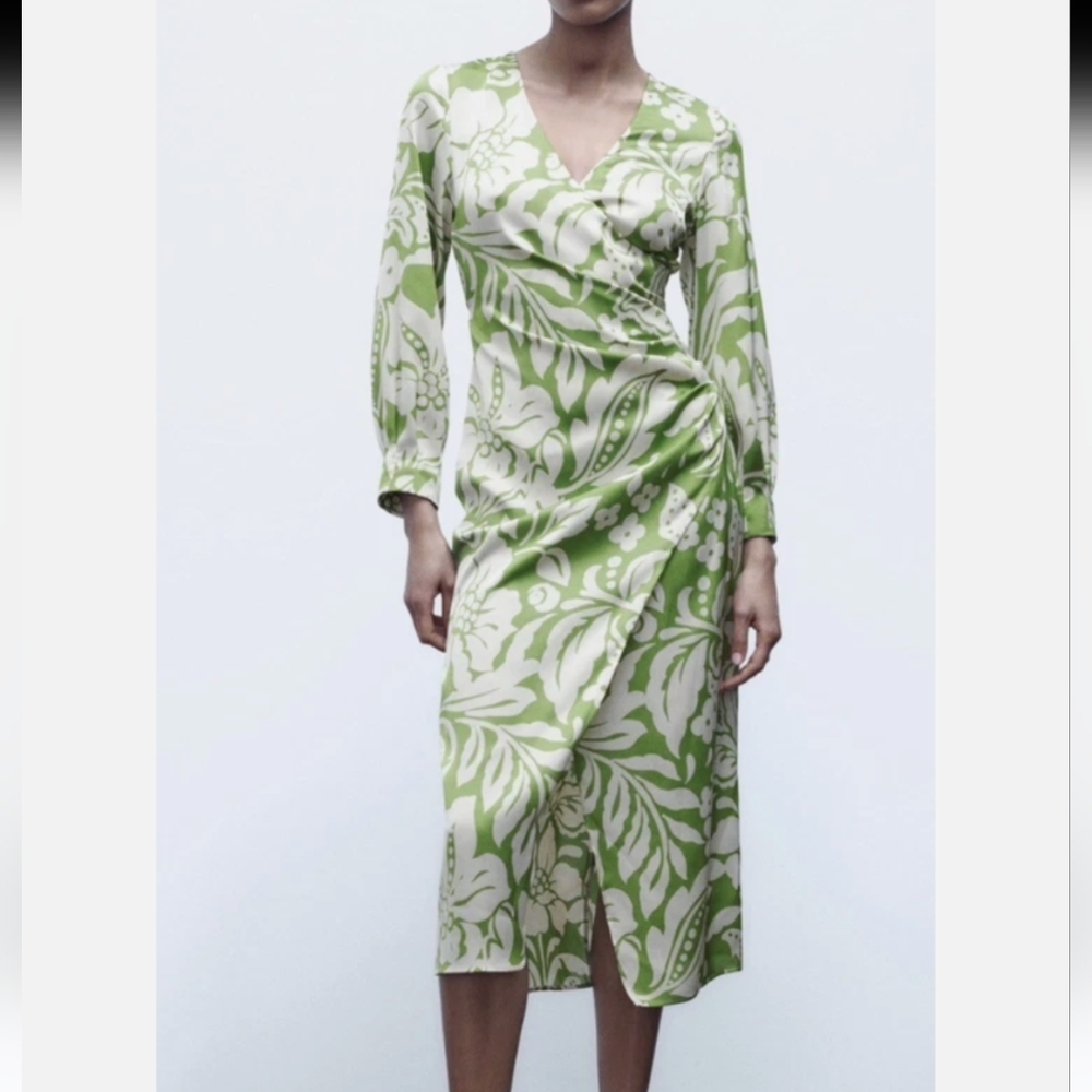 Green Floral Wrap Midi Dress